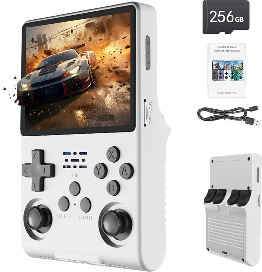 FVBADE[30000 in 1] R40S PRO Handheld Game Console 3.5 inch IPS Screen Mini Retro Console 3800mAh Portable Pocket Arcade 45+ Mainstream Emulator 256G TF Card Transparent.(White)