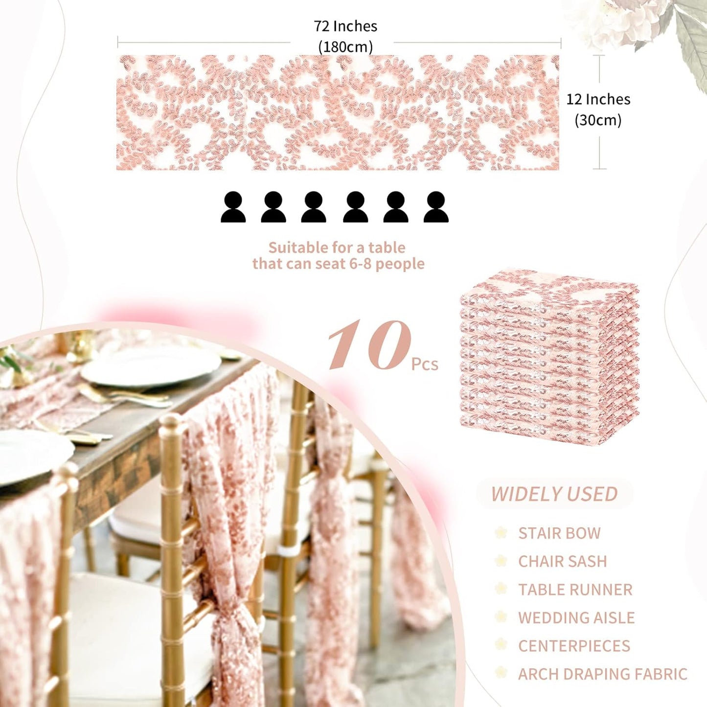 Rose Gold Flower Table Runners 10 Pieces 12x72 Inches Sequin Glitter Table Runner for Wedding Banquet Event Party Decorations
