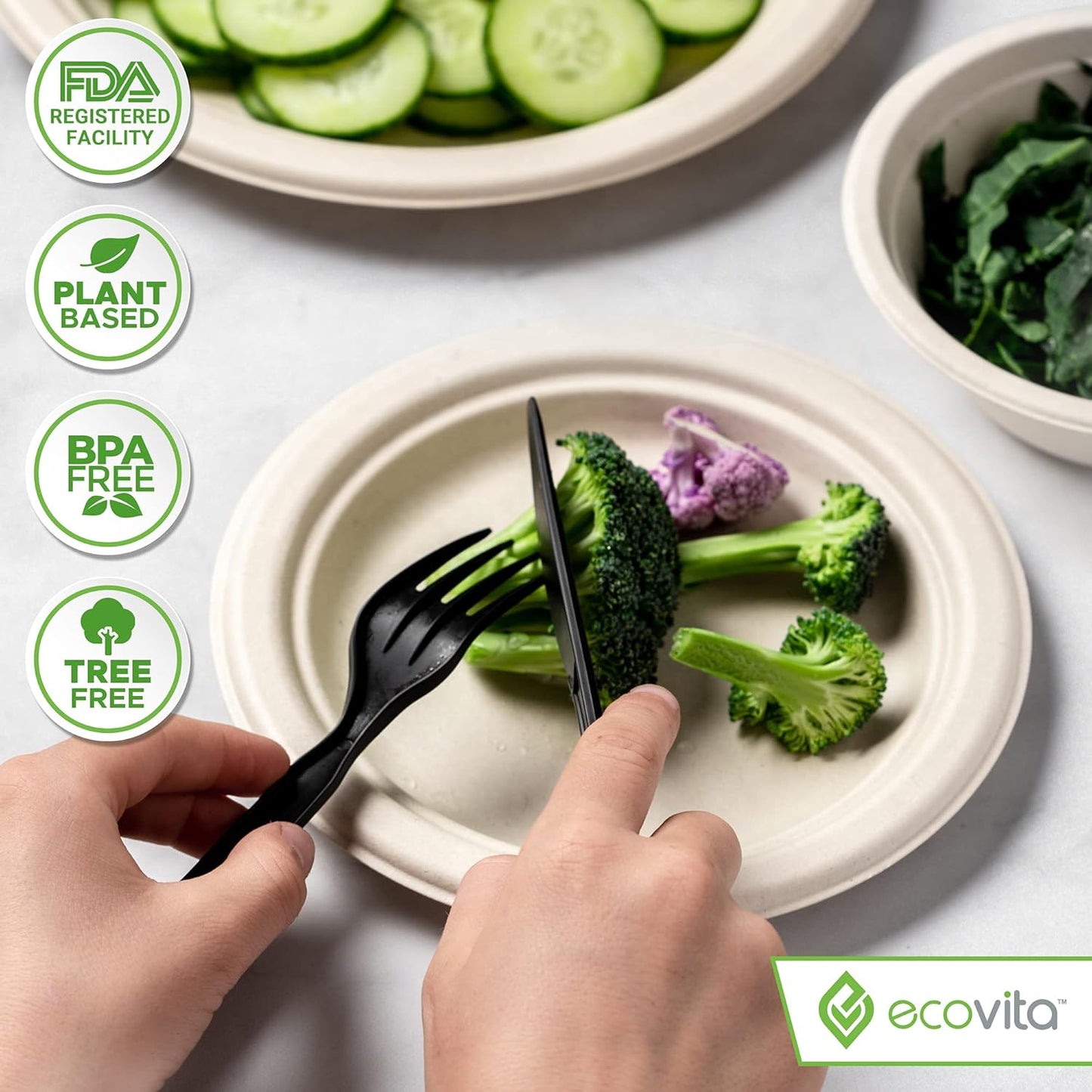 Ecovita 100% Compostable Forks Spoons Knives Cutlery Combo Set - 380 Large Disposable Utensils (7 in.) Eco Friendly Durable and Heat Resistant Alternative to Plastic Silverware with Convenient Tray