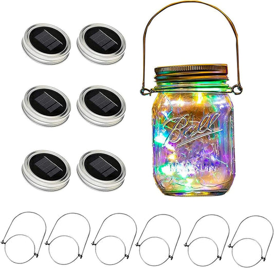 VOOKRY 6 Pack Solar Mason Jar Lights, 30 LED Mason Jar Lids Waterproof Firefly Fairy String Lights with 6 Hangers(No Jars), for Outdoor Patio Garden Yard Lawn Party Wedding Decoration - Multicolor