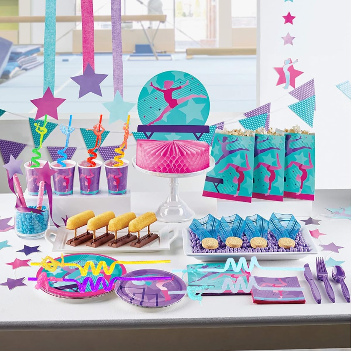 24 Reusable Gymnastics Party Glitter Straws,Cartoon Dance Aerobics Decoration Glitter Straws For Gymnastics Disco Party Favors With 2 Brushes 8Color