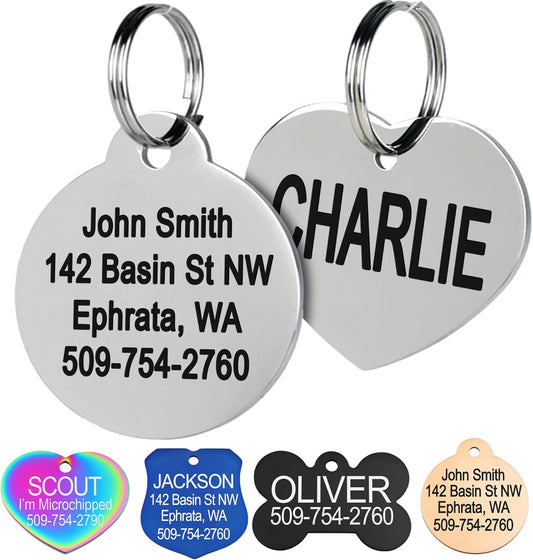GoTags Stainless Steel Pet ID Tags, Personalized Dog Tags and Cat Tags, up to 8 Lines of Custom Text, Engraved on Both Sides, in Bone, Round, Heart, Bowtie and More (Round, Small (Pack of 1))