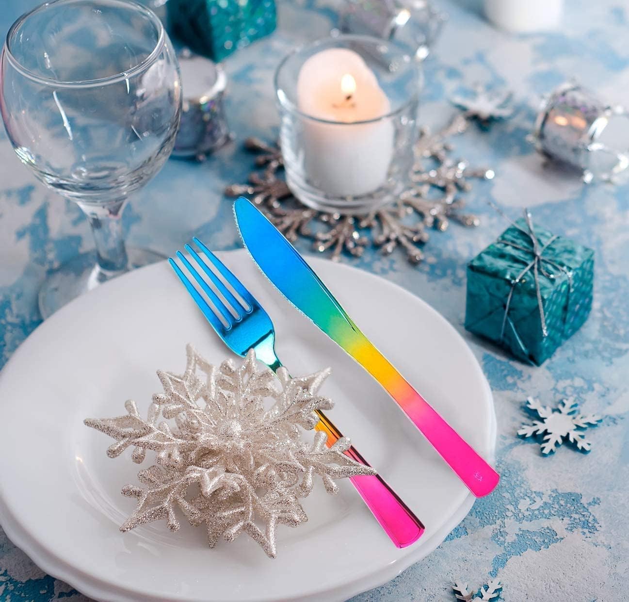 Supernal 120pcs Rainbow Plastic Silverware Set Colorful Party Utensils Blue Pink Gold Plastic Silverware Include 40 Rainbow Forks, 40 Gold Knives and 40 Blue Spoons for Trolls Party