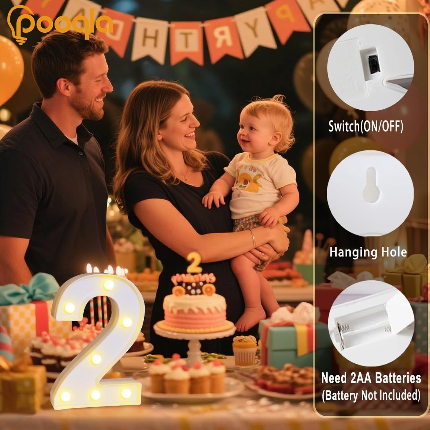 Pooqla Decorative Led Light Up Number Letters, White Plastic Marquee Number Lights Sign Party Wedding Decor Battery Operated Number (2)