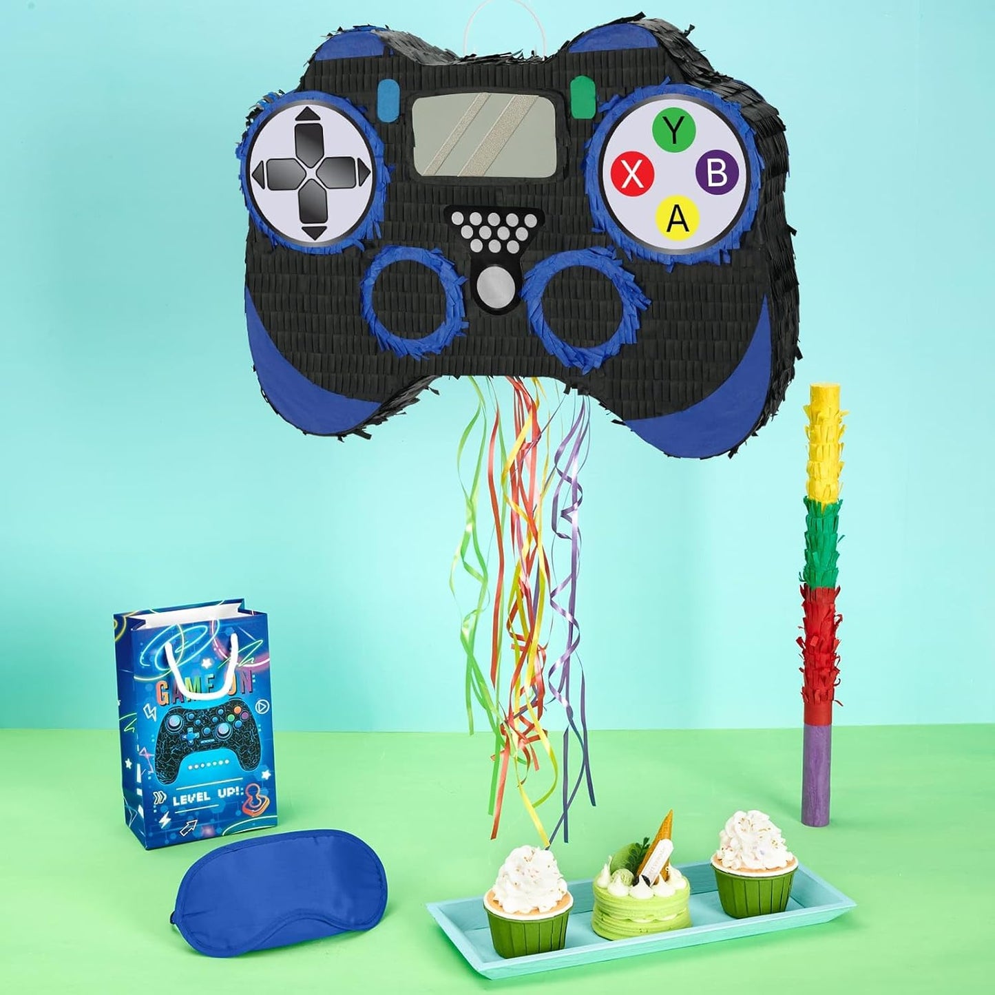 WERNNSAI Video Game Piñata - Game Controller Piñata Bundle with Blindfold and Bat for Boys Kids Piñata Gaming Theme Party Decoration Supplies Pull String Piñata for Birthday Party Celebration Blue