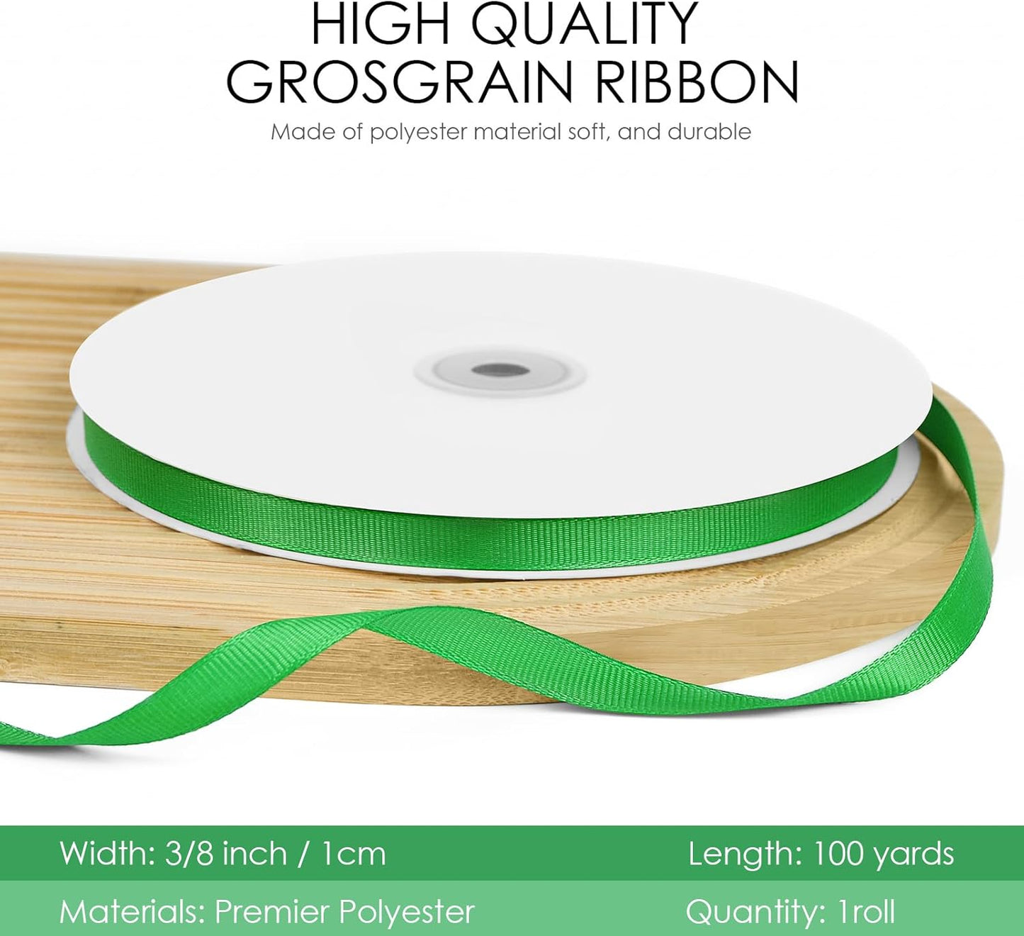 100 Yards 3/8 inch Grosgrain Ribbon, Solid Color Fabric Ribbon Perfect for Gift Wrapping, Wedding, Handmade Bows, Floral Bouquets and Party Decoration(Green)