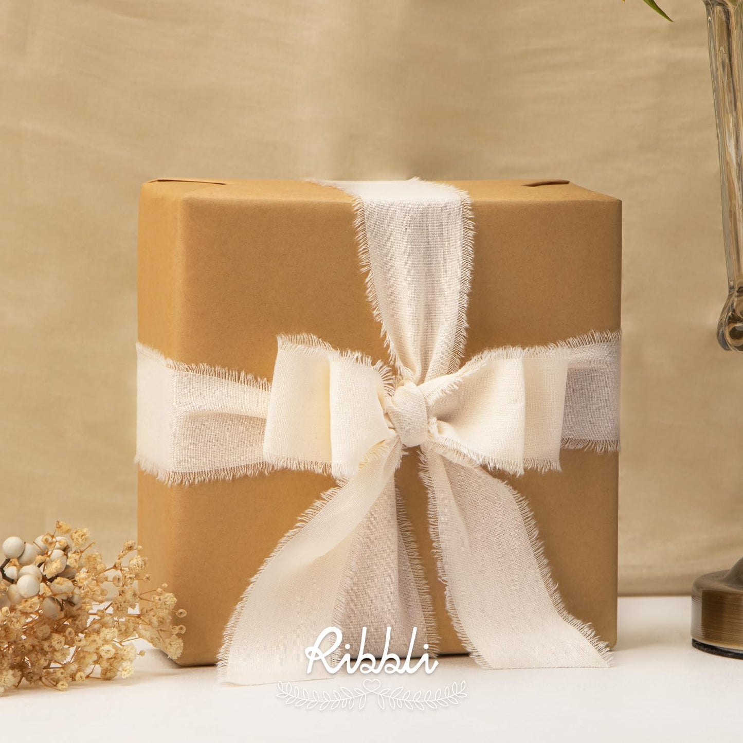 Ribbli 3 Rolls Ivory Ribbon 1.5 Inch x 18Yards Cream White Handmade Cotton Frayed Fringe Ribbons for Gift Wrapping Wedding Invites Bridal Bouquets Baby Shower DIY Crafts Home Decor