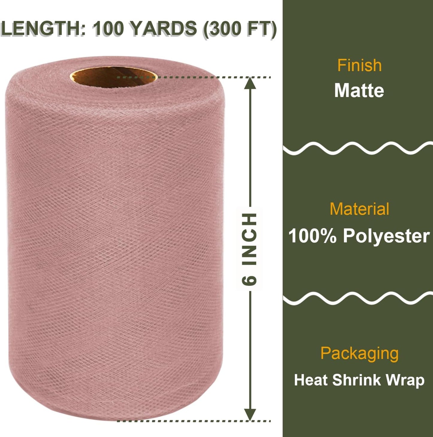 Dusty Rose Tulle Fabric Roll 6 Inch X 300 FT (100 Yards) Matte Tulle Ribbon Netting Mesh Spool for DIY Tutu Skirt Wedding Bow Gift Wrapping Baby Shower Christmas Party Halloween Decorations