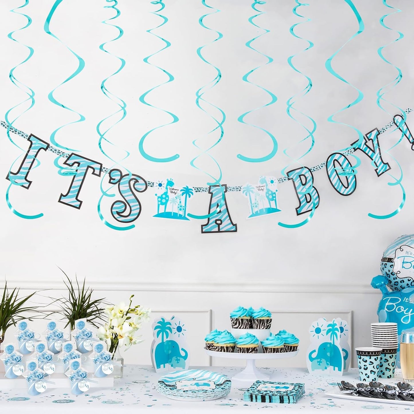 24 PCS Teal Hanging Swirl, Sparkle Ceiling Hanging Decorations, Plastic Streamer Party Decorations with Double-Swirls and Single-Swirls for Birthday Decorations, Graduation, Baby Shower