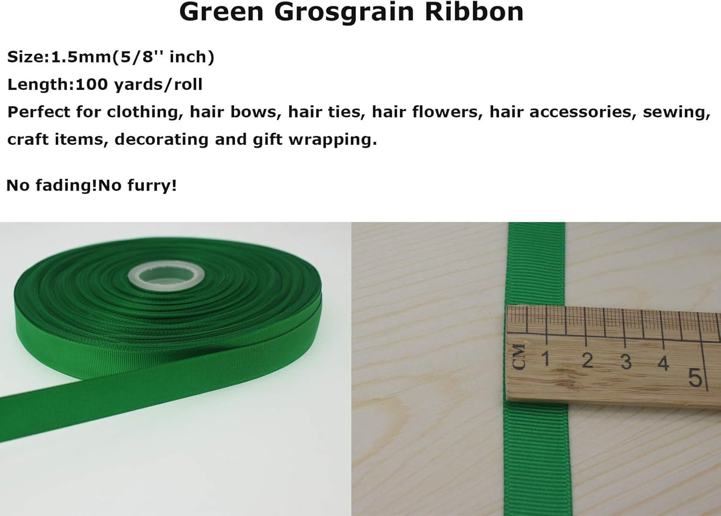 Jesep One Roll 100 Yards 5/8" Soild Grosgrain Ribbon Boutique Gift Wrapping Package Ribbon, DIY Crafts Bow Hair Headband Accessories Assorted Ribbon#553 (5/8" 15mm, Green)