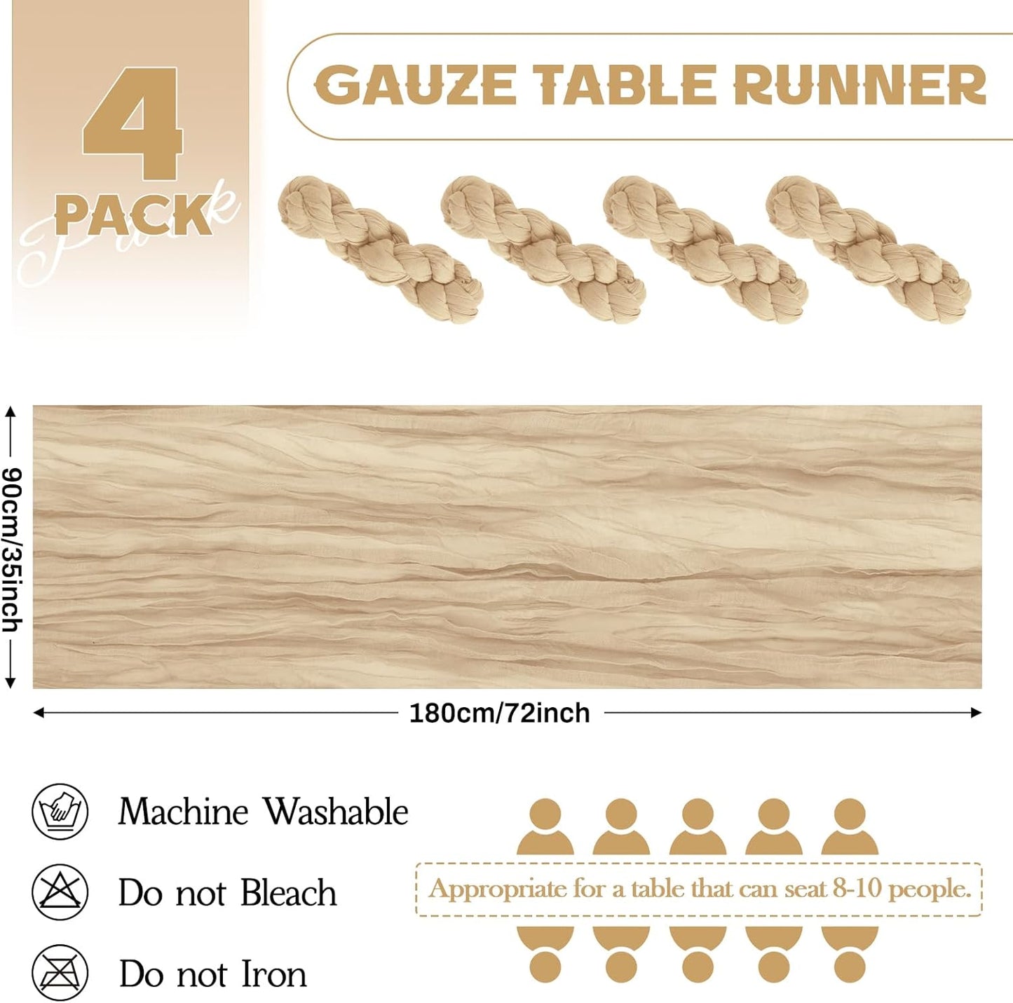 Aktor 4 Pack Beige Table Runner Boho Cheesecloth Table Runner Semi Sheer Gauze Fabric Runners for Wedding Birthday Baby Shower Party Boho Table Decoration（Beige）