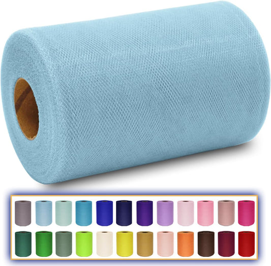 Light Blue Tulle Fabric Roll 6 Inch X 300 FT (100 Yards) Matte Tulle Ribbon Netting Mesh Spool for DIY Tutu Skirt Wedding Bow Gift Wrapping Baby Shower Christmas Party Halloween Decorations