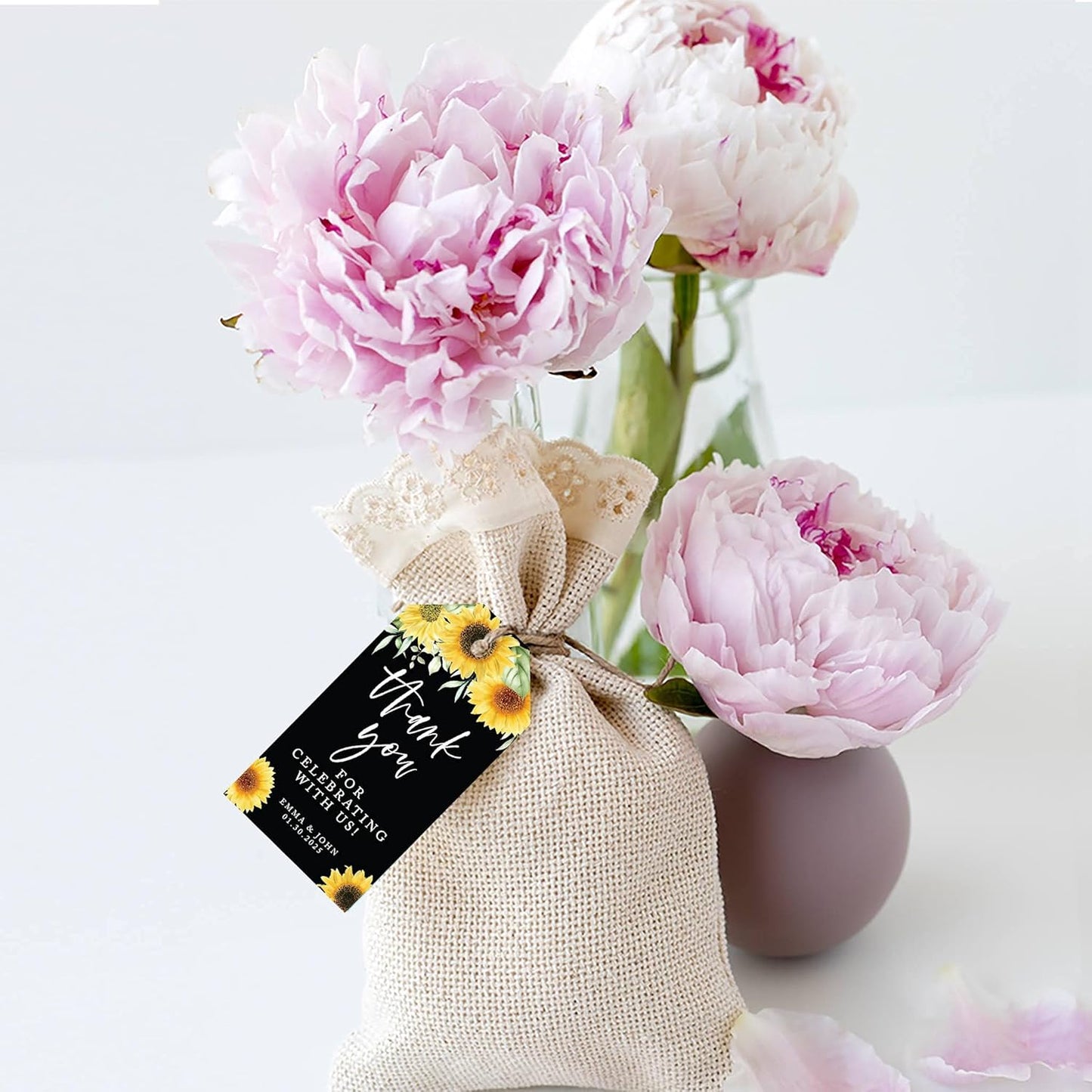 Andaz Press 100-Pack Personalized Thank You For Celebrating With Us Wedding Favor Tags with Bakers Twine Sunflowers Black Background Custom Cardstock Wedding Gift Tags for Party Favors 2 x 3.75-Inches