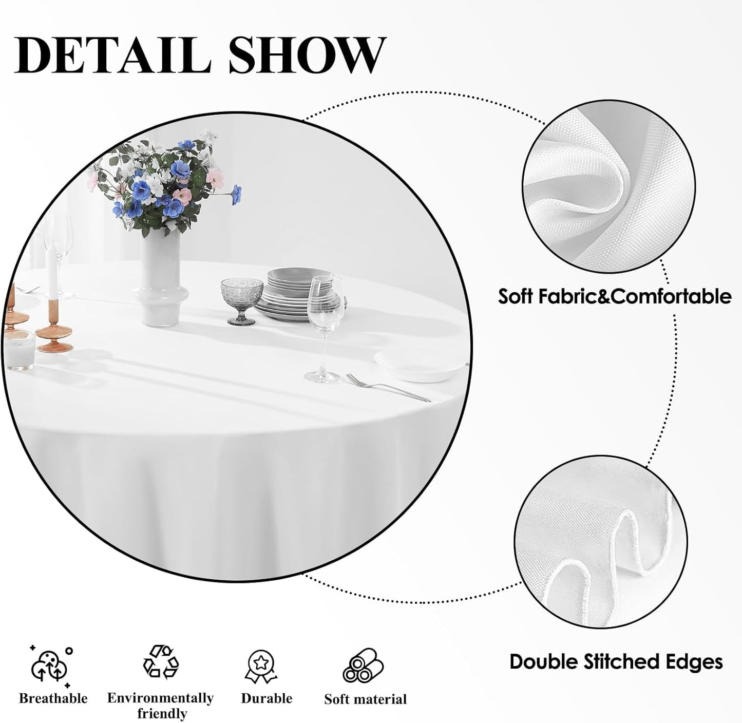 Round Tablecloth 132 Inch 8 Pack White Tablecloths Washable Decorative Linen Polyester Table Clothes Cover for Dining Table Banquets Buffet Parties and Wedding