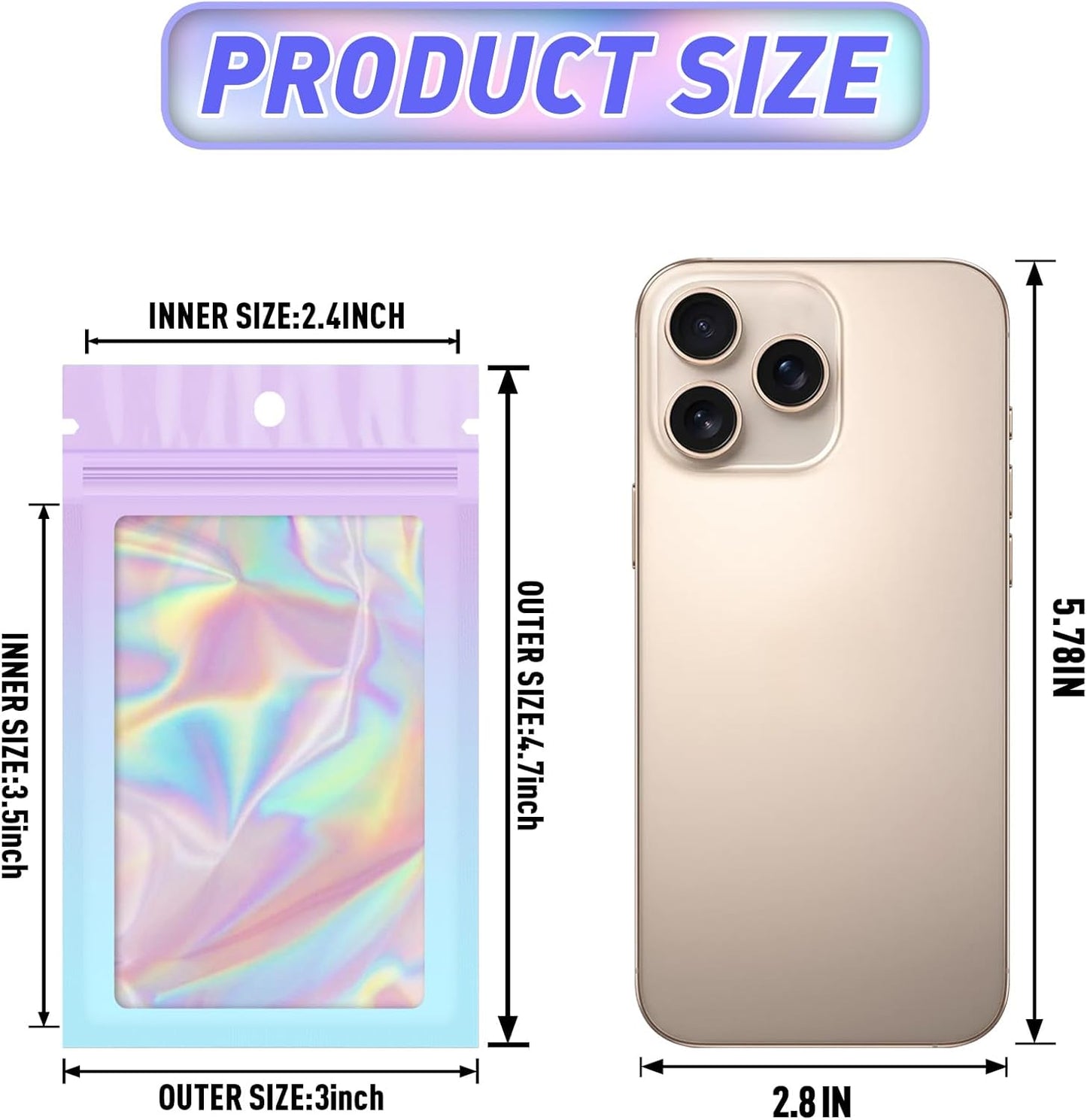 Funfery 100 Pack Holographic Mylar Bags,Clear Window Smell Proof Bag Foil Seal Pouch Resealable Bags with Zipper,Packaging Bag for Food Storage,Lash,Jewelry,Business Supplies(3×4.7in, Purple Blue)