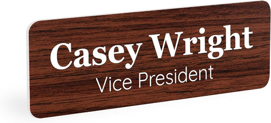 ExcelMark Custom Name Tag - Engraved Name Badge with Pin or Magnetic Backing, 16 Colors, 6 Fonts, and 2 Sizes to Choose from (Walnut w/White Letters, 1"x 3")
