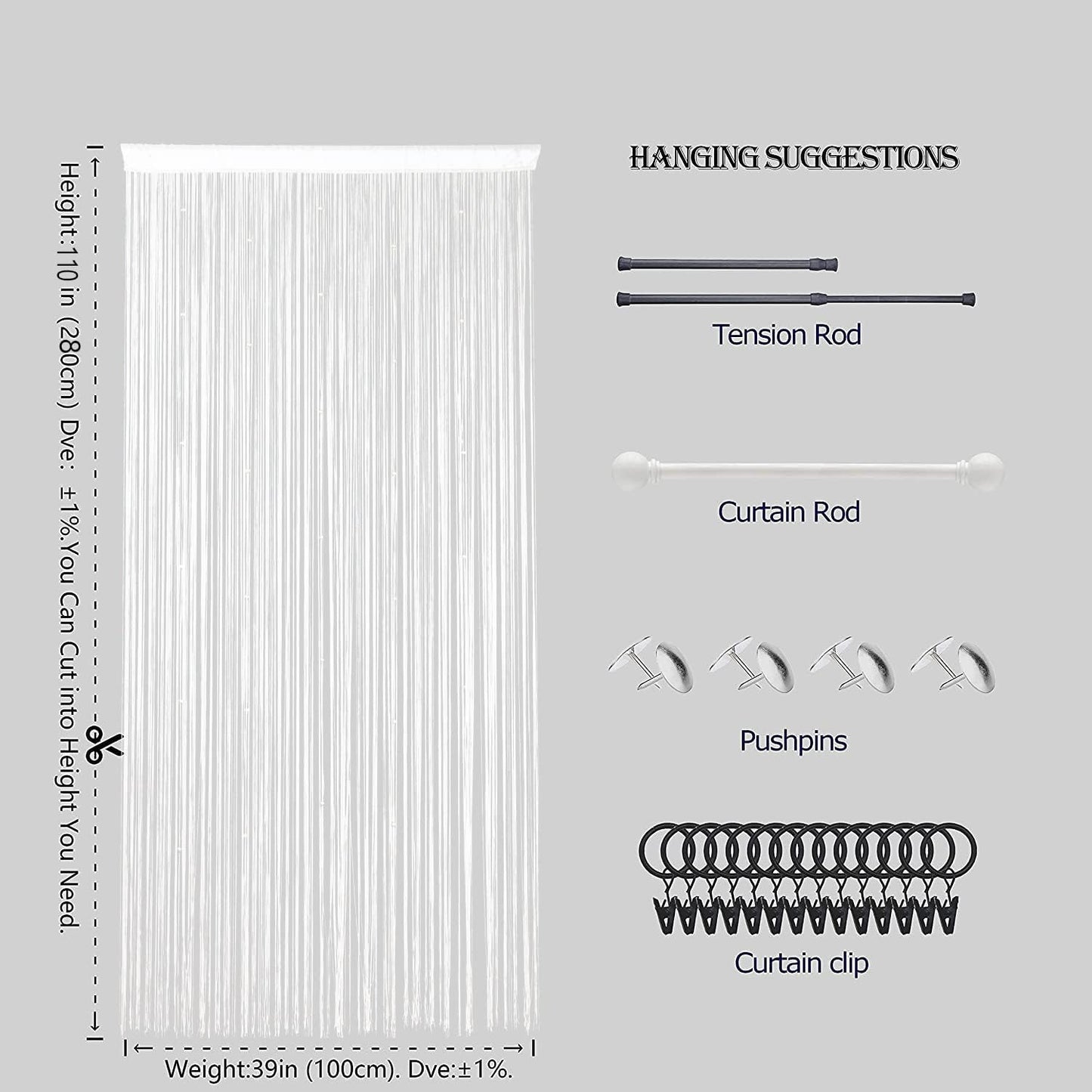 Beaded Doorway Curtain Door Beads Dense String Curtains Fringe Hippie Perfect for Wall Hanging Decor Room Divider Privacy Doors Window Closet Doorways Decorations (100x280cm,White)