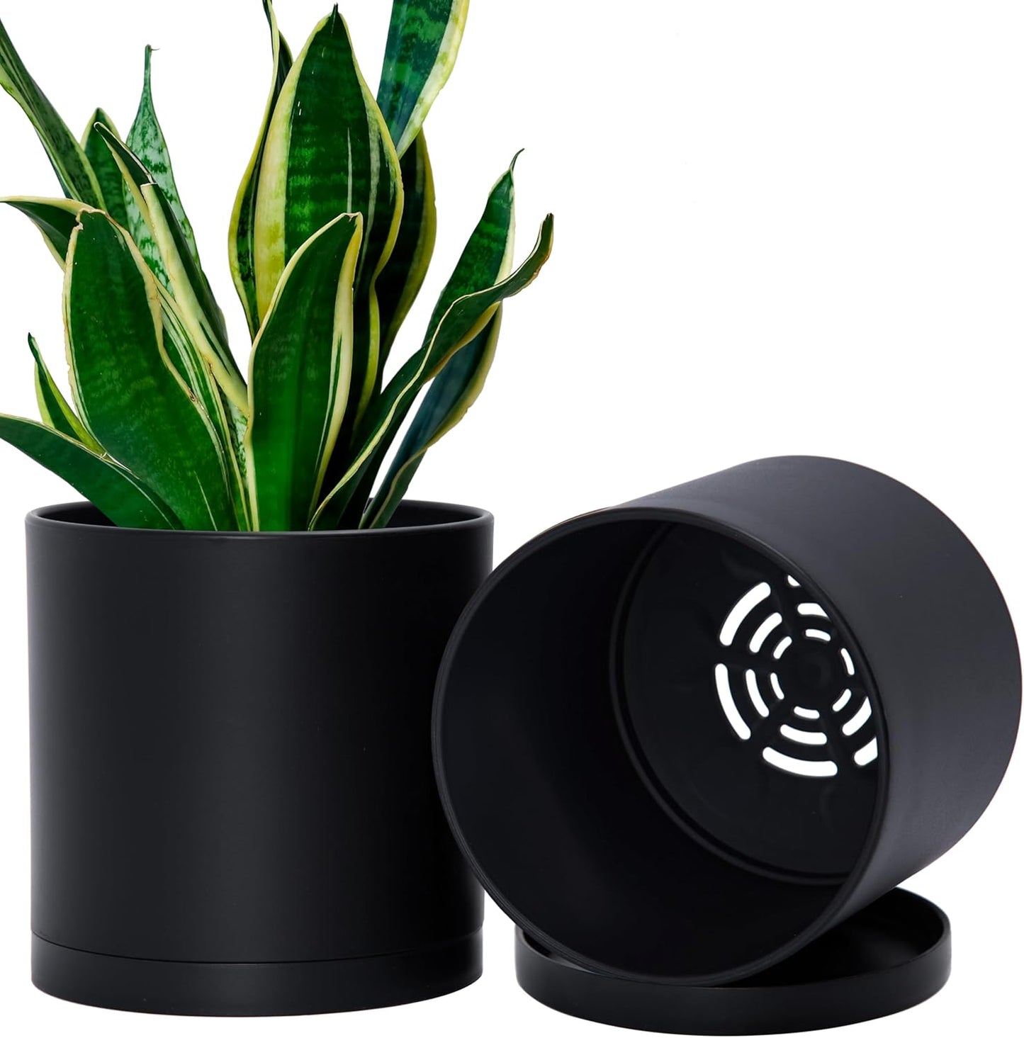 D'vine Dev 2 Pack 6.5 Inch Modern Plastic Plant Pots, Small Garden Planters for Plant with Drainage Holes and Saucers, Black Color, 74-Y-L-1