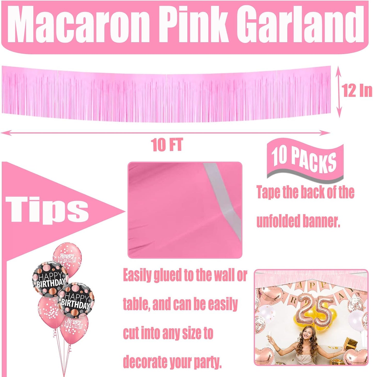 10 Pack 10 Feet Foil Fringe Garland Metallic Tinsel Streamers Banner Wall Hanging Curtain Backdrop for Parade Floats, Bachelorette, Wedding, Birthday, Halloween, Christmas Party Decorations(Pink)
