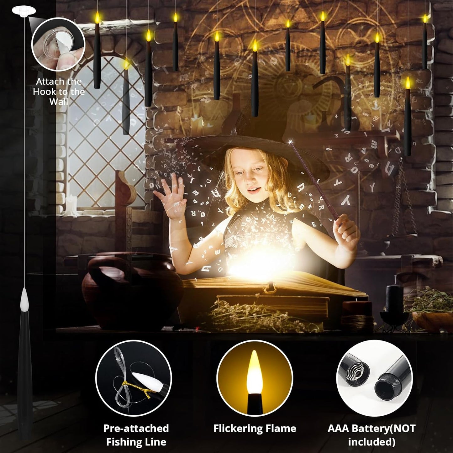 NURADA Floating Candles with Wand Remote Timer - Magic LED Hanging Flameless Taper Candles Flickering Battery Operated for Halloween Birthday Theme Party Holiday Home Window Decor - Black 12 Pack