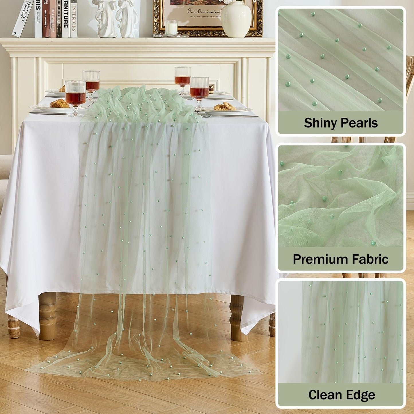 Fanami 3 Pack Pearl Table Runner -10FT Sage Green Boho Tulle Table Runners 120 Inches Long Rustic Sheer Lace Fabric Centerpieces for Wedding Arch Birthday Party Bridal Veil Baby Shower Decorations