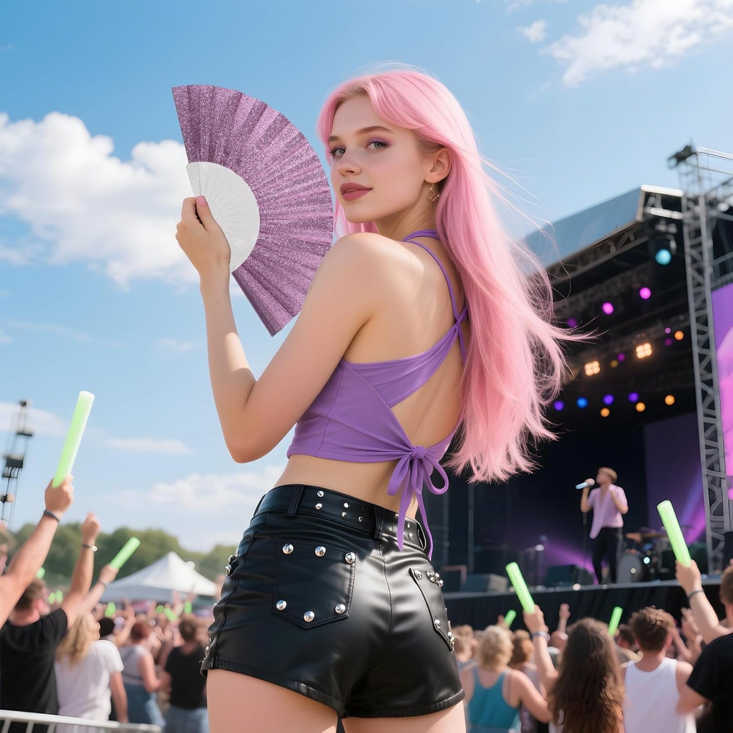 48 Pack Handheld Fan,Folding Hand Glitter Fan with Shining Transparent Fan Rib – Ideal for Wedding, Church, Festival, Dance, Tea Party, Club, and EDM Accessories, Purple