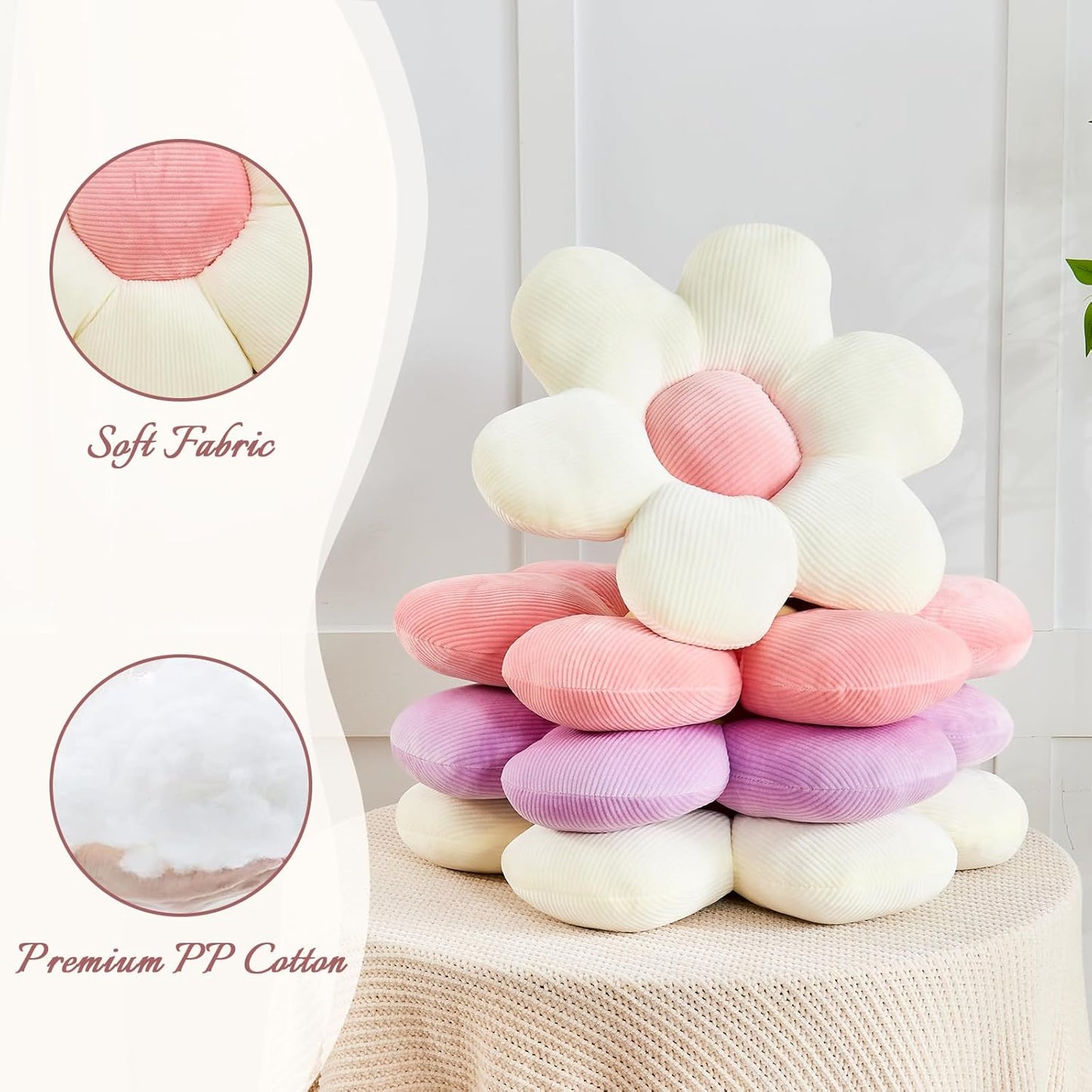 White Yellow Flower Pillow, 19.6" Cute Flower Shaped Floor Pillow, Aesthetic Floral Plush Daisy Decorative Throw Pillows for Bed Sofa Couch