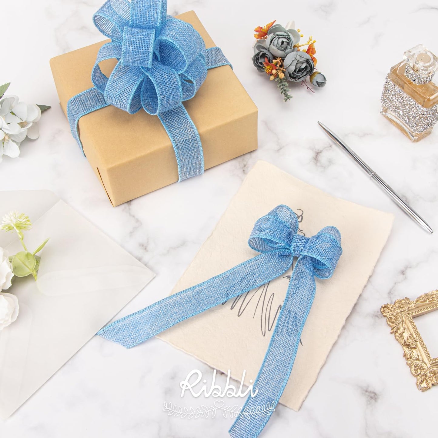 Ribbli Baby Blue Burlap Wired Ribbon, 1 Inch x Continuous 20 Yard, Wired Edge Ribbon for Wreaths,Big Bows,Tree Decoration,Outdoor Decoration