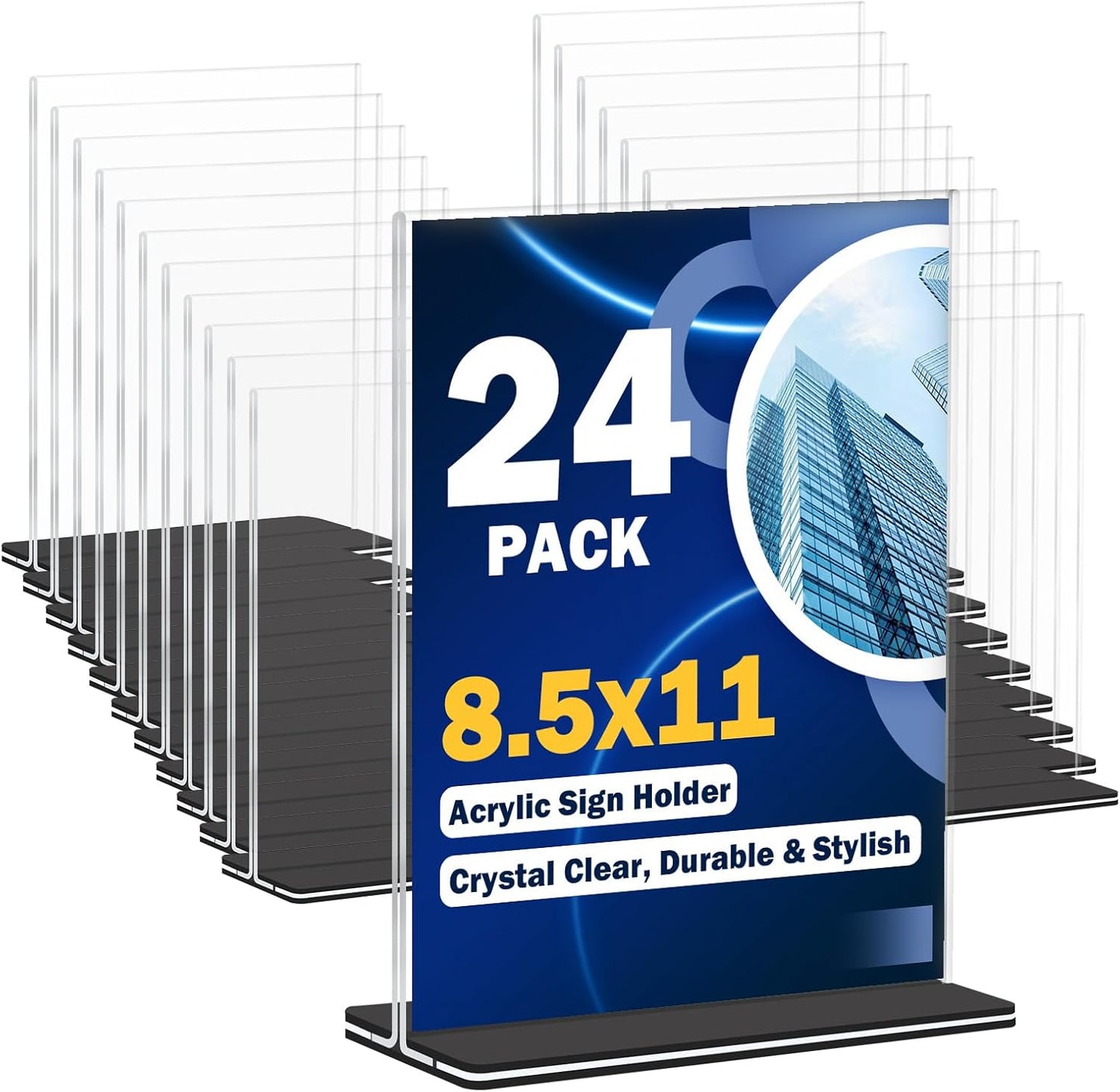Acrylic Sign Holder 8.5 x 11, 24 Pack Clear Double-Sided Acrylic Display Stand for Vertical Tabletop Use, Perfect for Menus, Flyers, and Paper in Restaurants, Hotels, Office