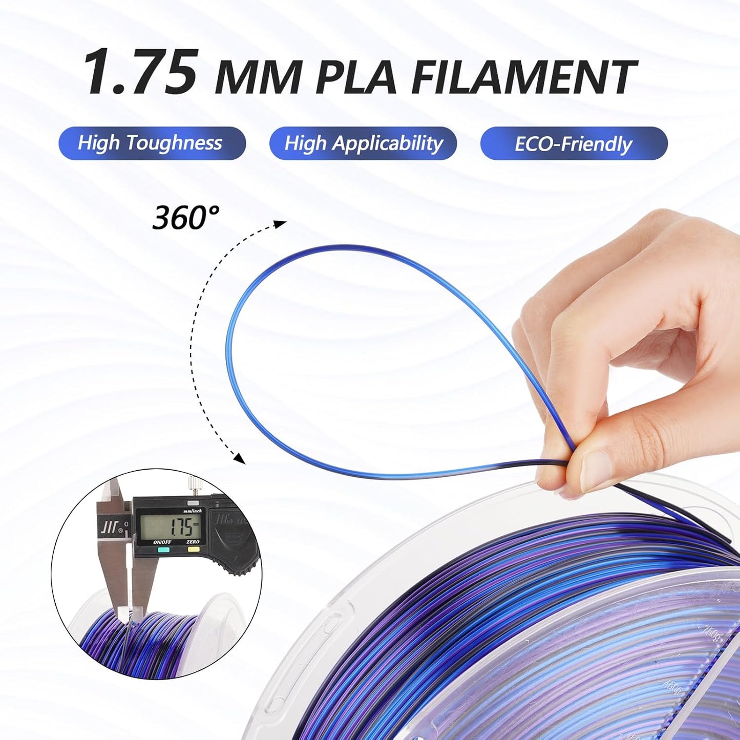 AMOLEN Silk PLA 3D Printer Filament, Shiny Multicolor Rainbow PLA Filament 1.75mm, Fast Color Change PLA 3D Printing Filament for Most FDM 3D Printer, Black Blue Purple, 1kg (2.2lbs)