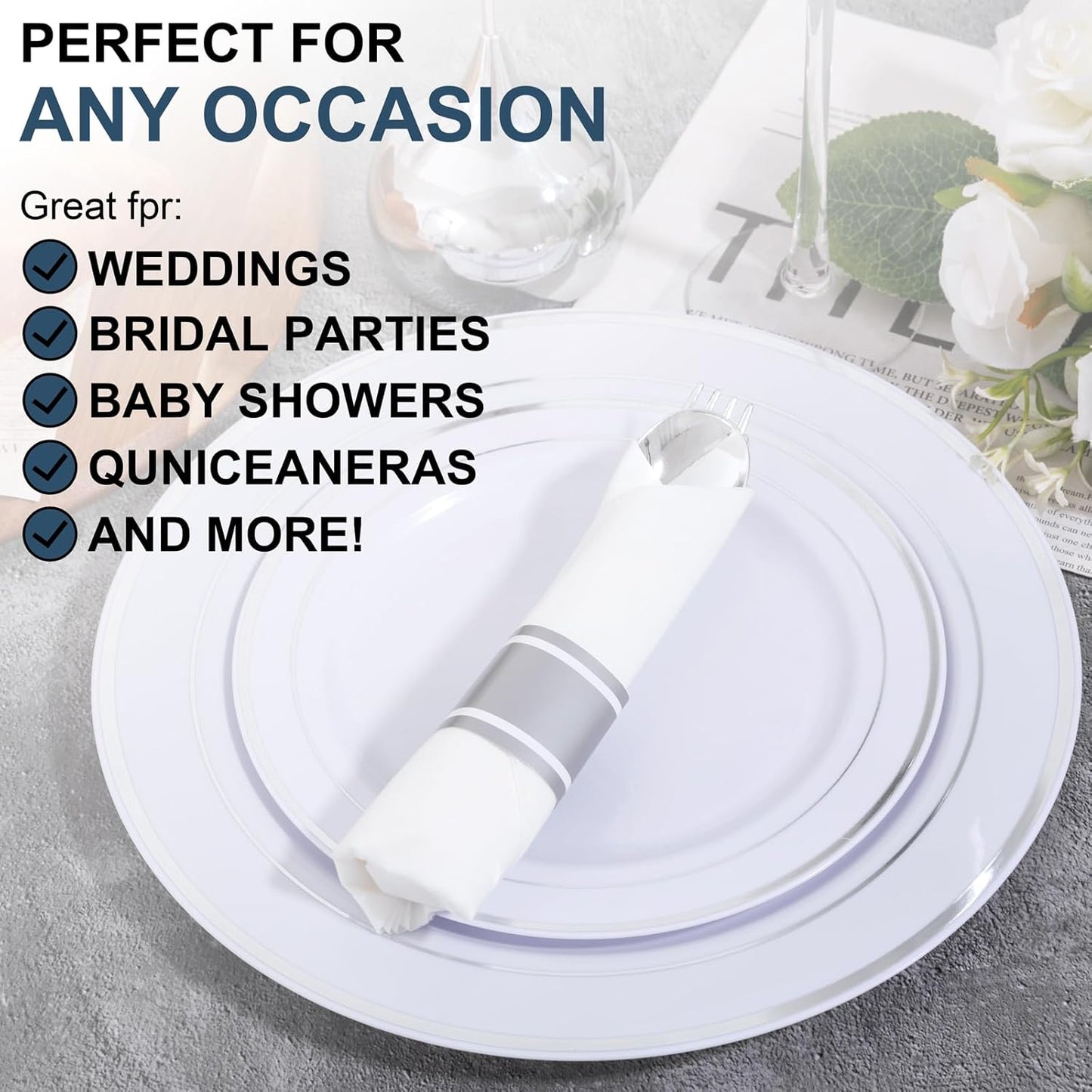 400PCS Wrapped Silver Plastic Silverware Sets - Heavy Duty Plastic Silverware Include Pre Rolled Disposable Utensils with Napkins for Parties & Dinners & Weddings