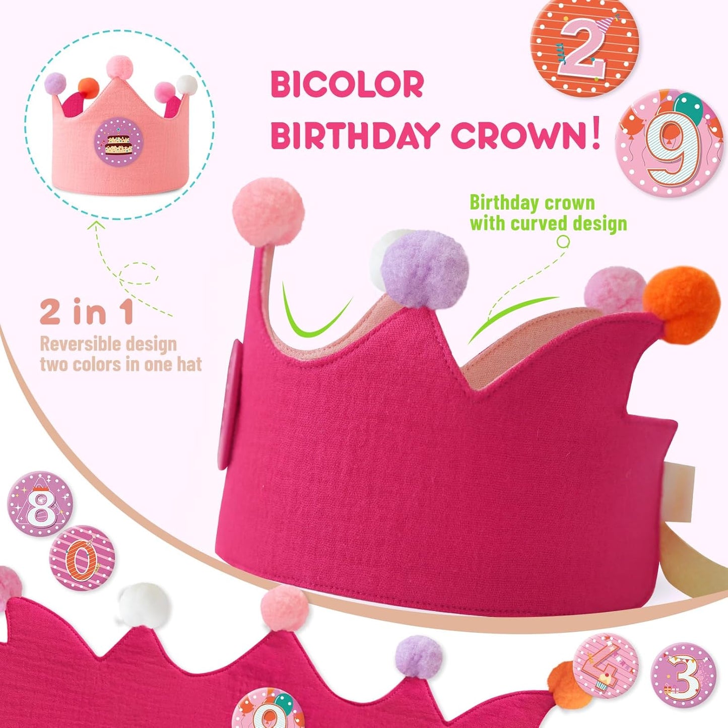 Reusable Birthday Crown with Numbers,Kids Birthday Hat Fabric Crown Pertain Kids Boy Toddler Girl Baby Bday Hats