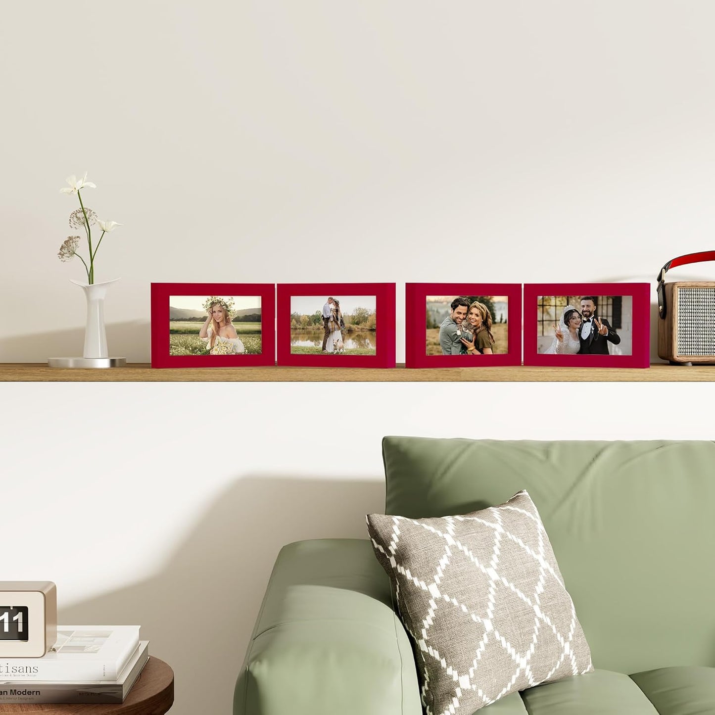 decorUhome Double 6x4 Picture Frame Horizontal, Engineered Wood Bifold Photo Frame with Plexiglass for Tabletop Display, 6x4, Red