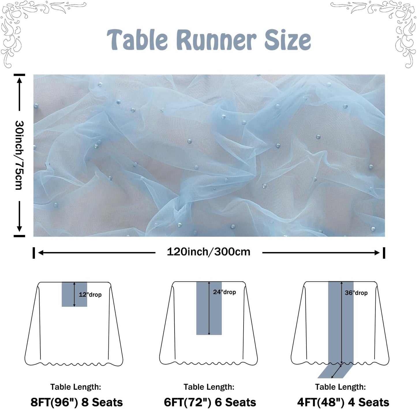 Fanami 3 Pack Pearl Table Runner -10FT Dusty Blue Boho Tulle Table Runners 120 Inches Long Rustic Sheer Lace Fabric Centerpieces for Wedding Arch Birthday Party Bridal Veil Baby Shower Decorations