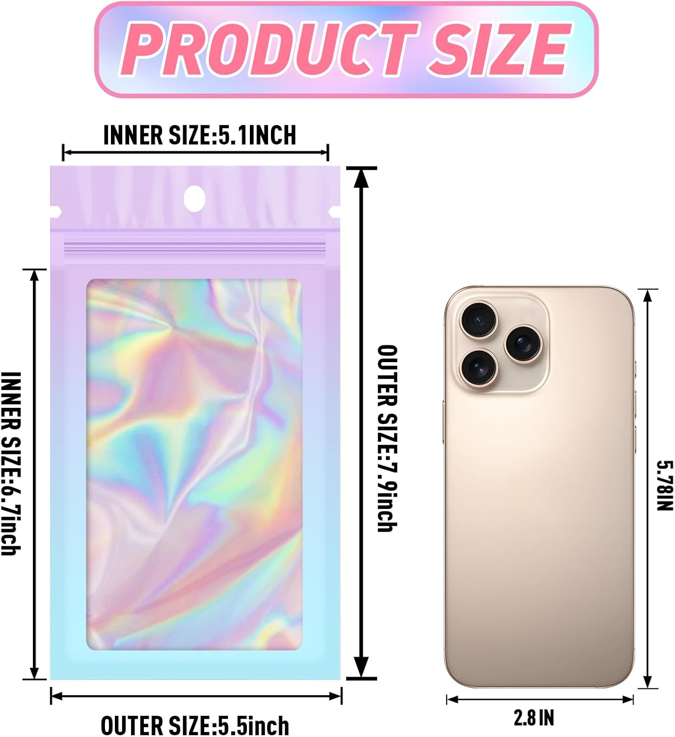 Funfery 100 Pack Gradient Holographic Bags,Mylar Resealable Bag with Zipper,Clear Window Packaging Pouch,Smell Proof Bags for Food Storage,Sample Jewelry Baggies(5.5x7.9In,Purple Blue)