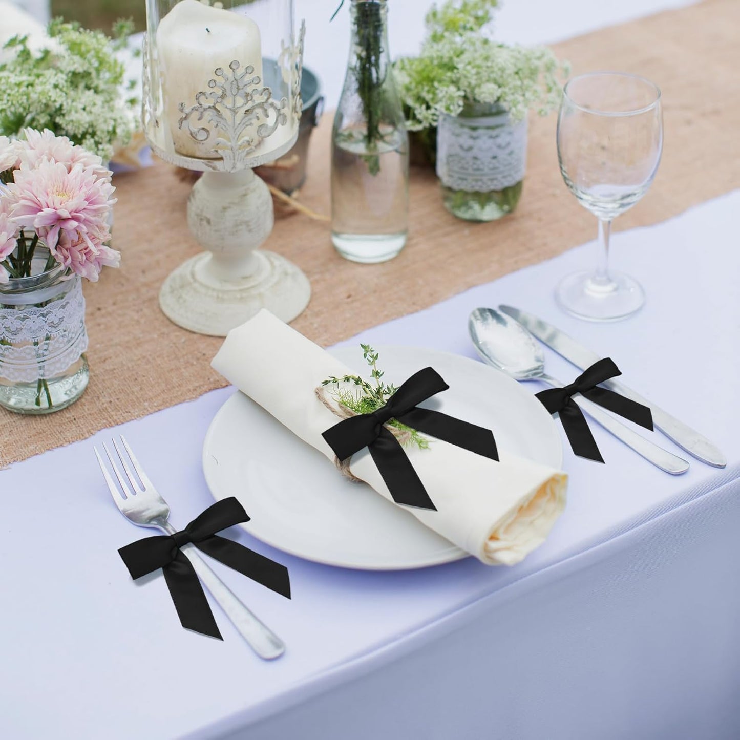 50Pcs Black Twist Tie Bows for Gift Wrapping 2.5" Satin Ribbon Bow for Treat Bags Cake Balloons Birthday Party Favors Wedding Decorations