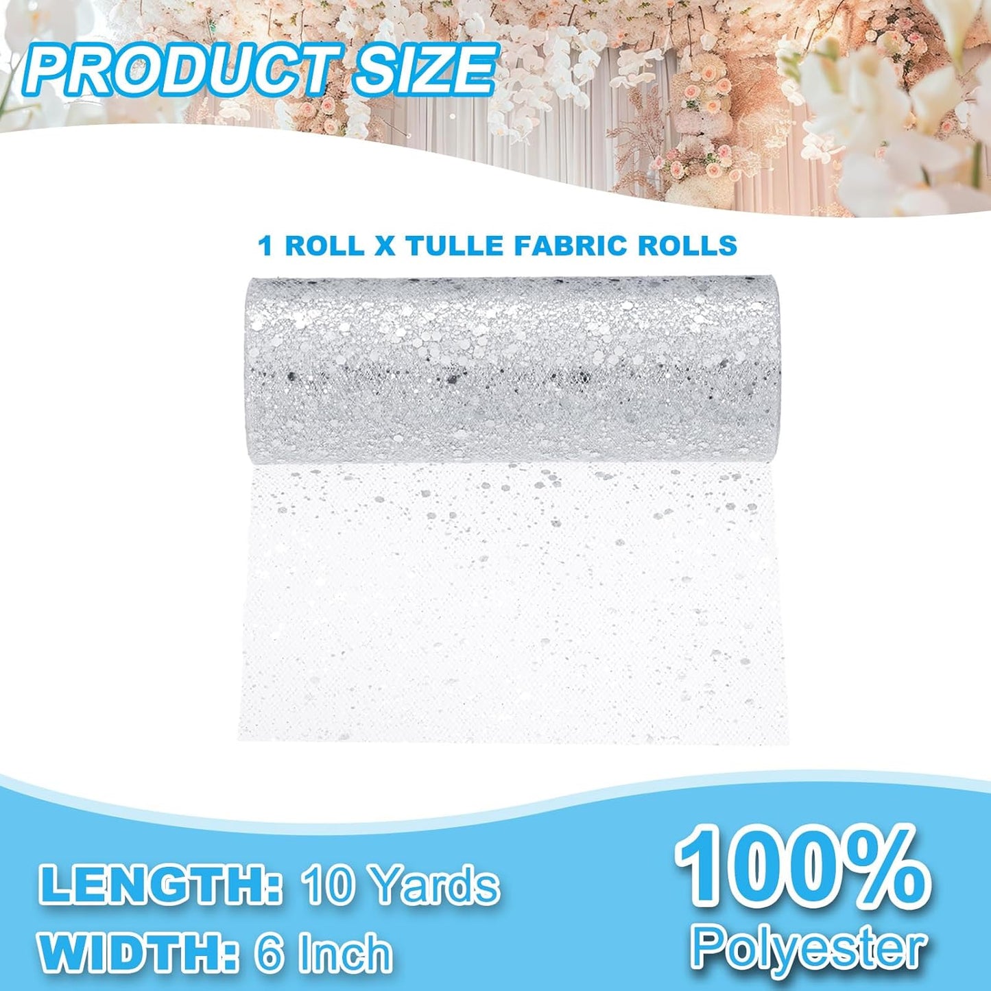 PATIKIL Tulle Fabric Rolls, 6 Inch by 10 Yards Fabric Spool Tulle Sparkling Ribbon Netting Sequin for DIY Tutu Skirts Crafts Wedding Party Decorations, White