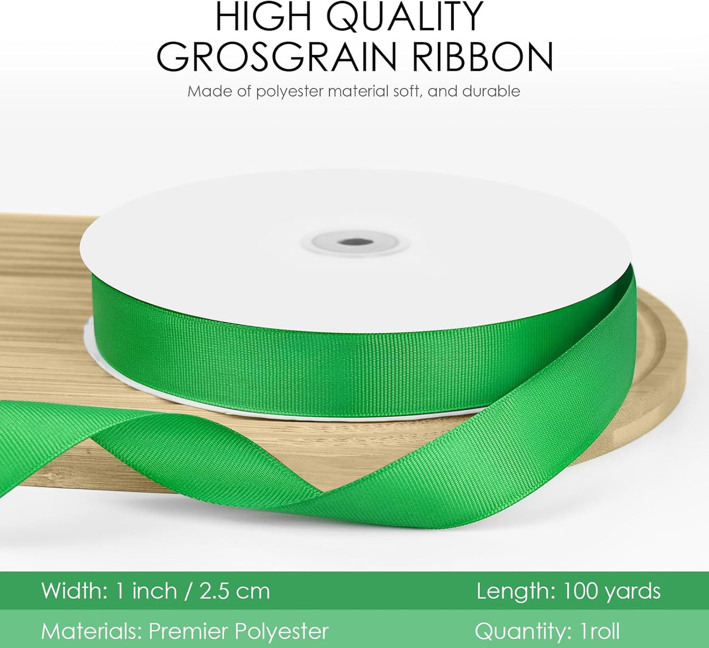 100 Yards 1 inch Grosgrain Ribbon, Solid Color Fabric Ribbon Perfect for Gift Wrapping, Wedding, Handmade Bows, Floral Bouquets and Party Decoration(Green)