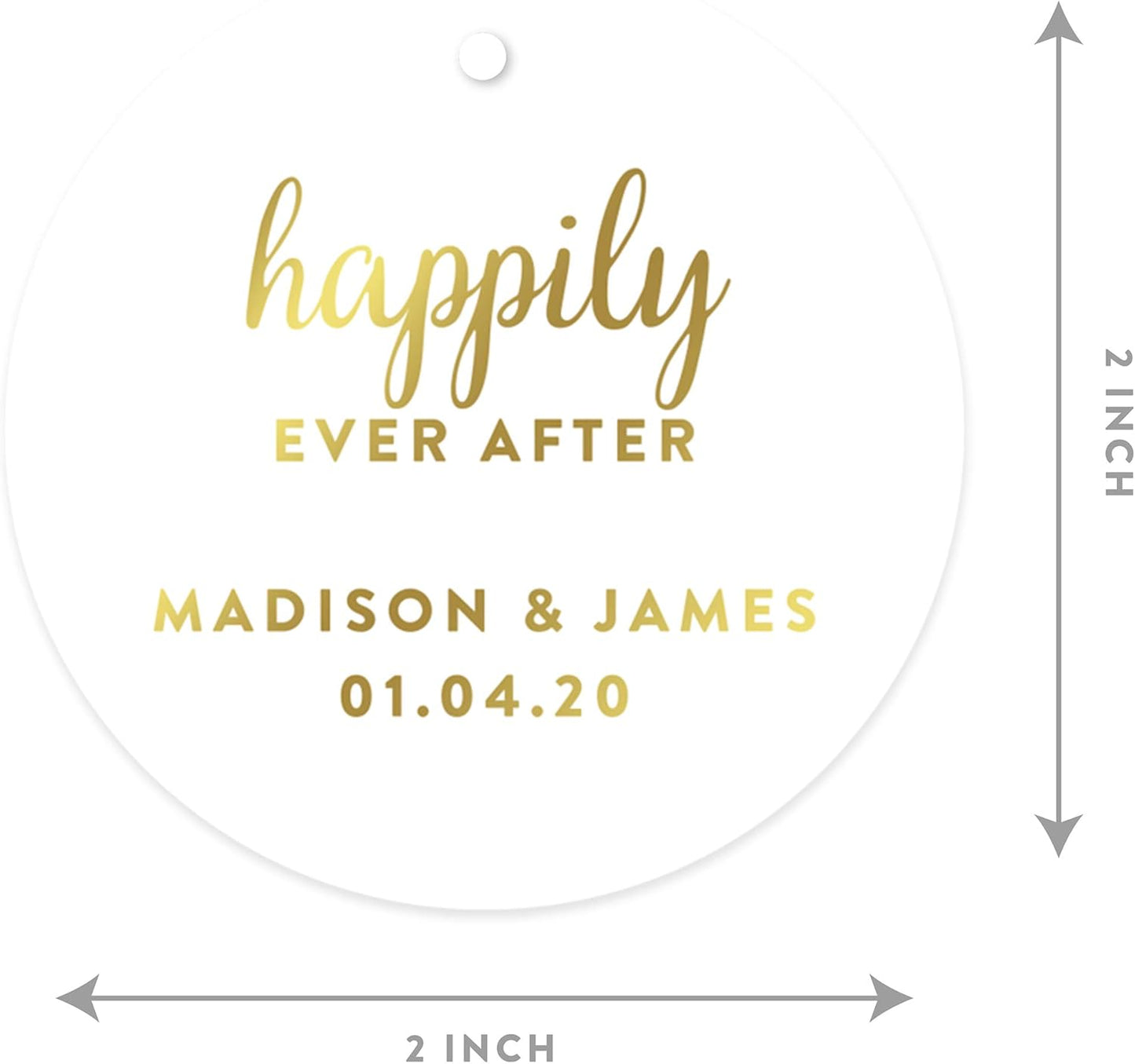 Andaz Press Personalized Round Circle Wedding Gift Tags, Metallic Gold Ink, Happily Ever After, 24-Pack, Custom Made Any Name