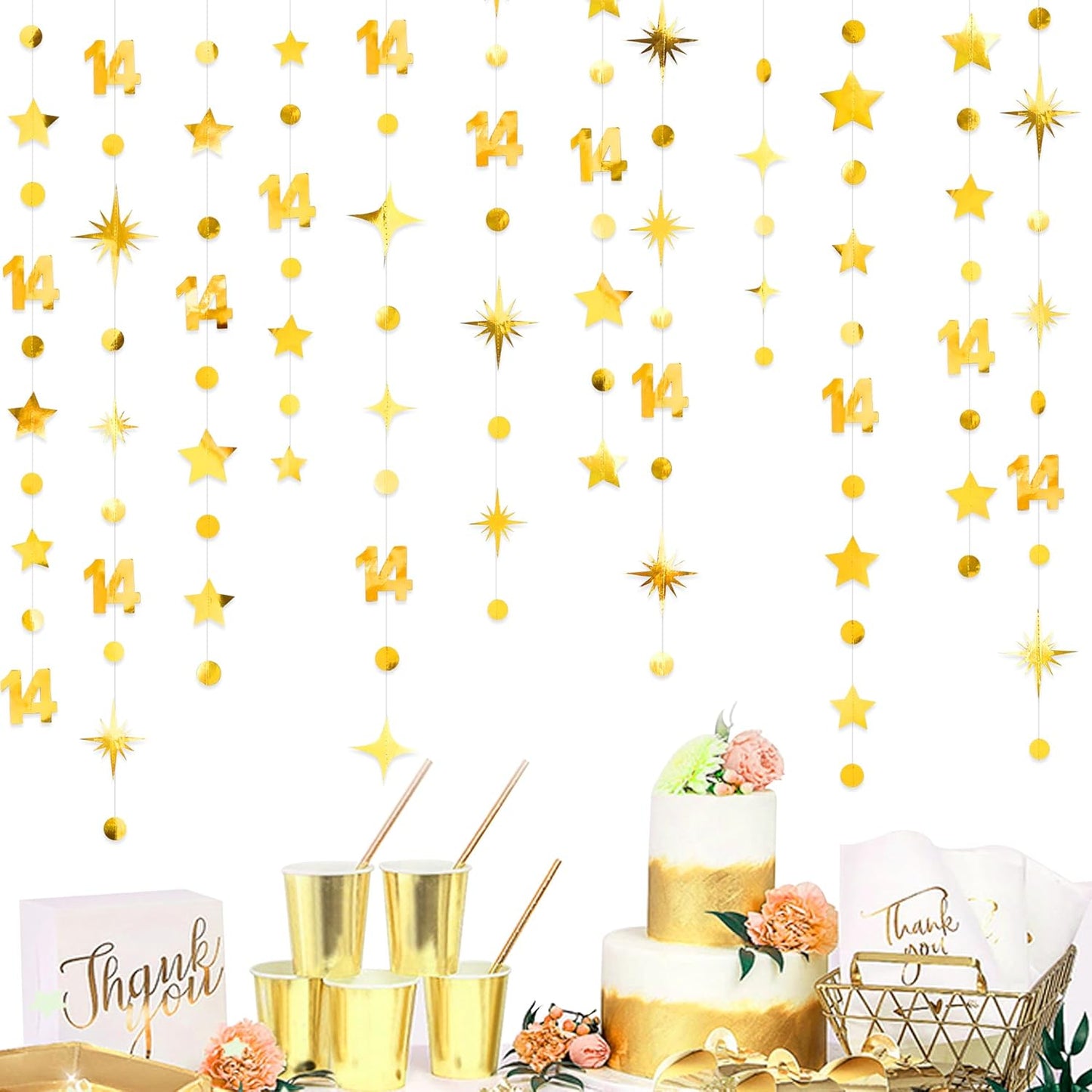 Gold 14th Birthday Decorations Number 14 Circle Dot Star Garland Metallic Hanging Streamer Banner Backdrop for Girls Boys Happy 14 Years Old Fabulous Birthday Fourteen Anniversary Party Supplies
