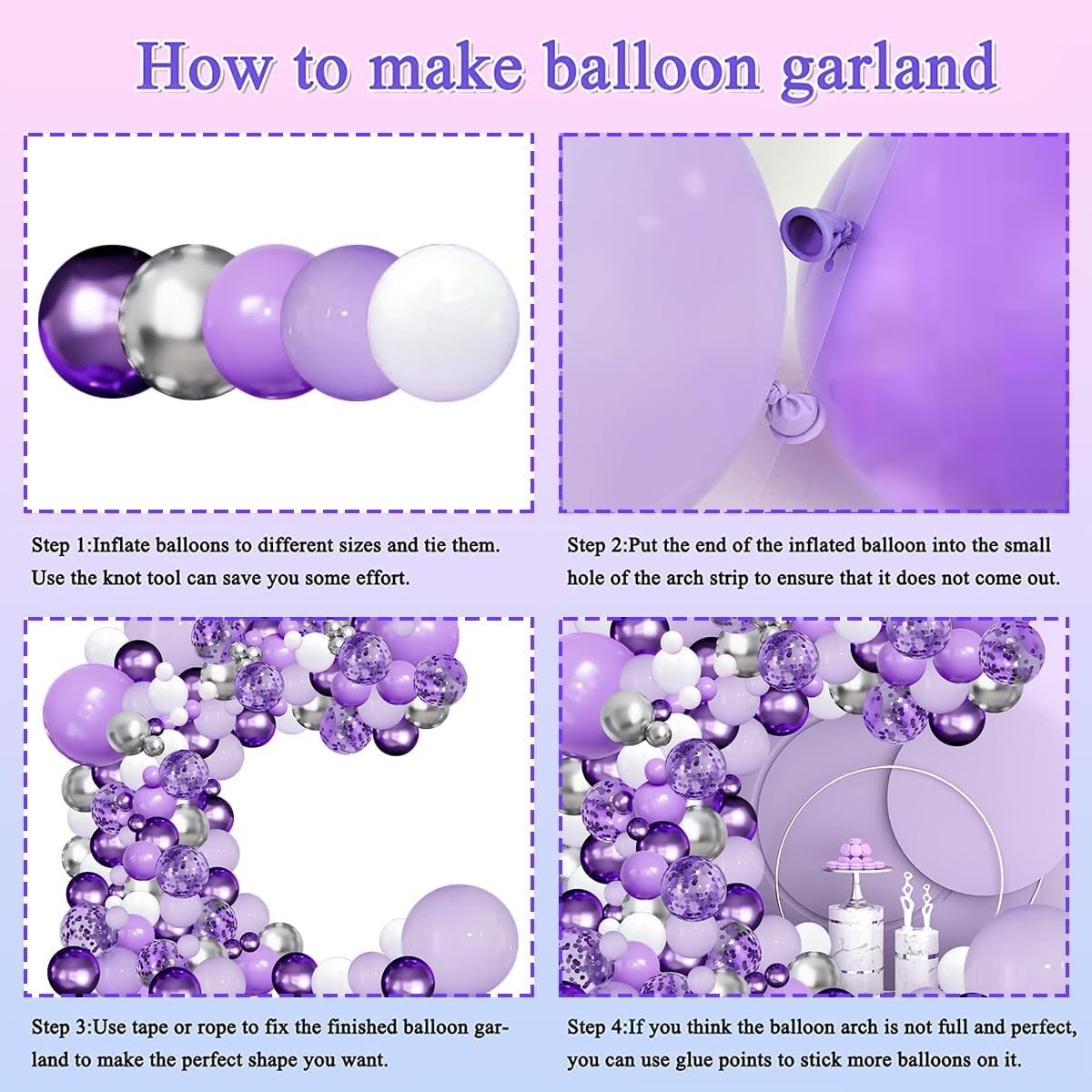 Purple Balloons Garland Arch Kit,144pcs Lavender Purple Pastel Purple Confetti Balloons with Silver White Ballons for Girl Butterfly Bridal Shower Princess Birthday Wedding Party Decoration