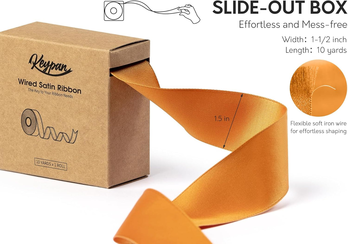 Orange Satin Ribbon Double-Faced Wired Ribbons for Gift Wrapping Flower Bouquet Bows Wedding Invitation Christmas Decor Crafts 1-1/2 Inch 10 Yards