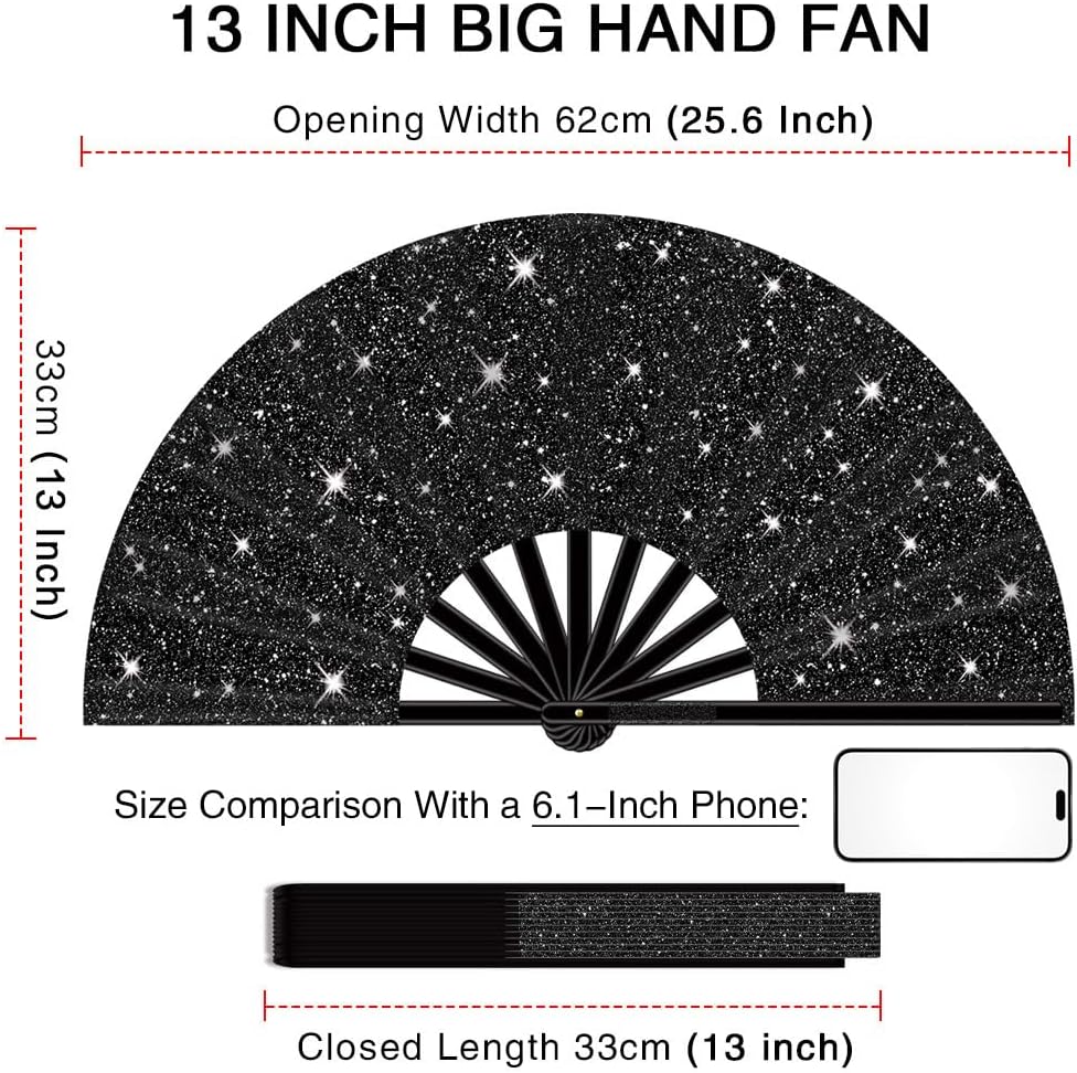 13" Large Folding Rave Fan with Holster, Clack Hand Fans Foldable for Line Dancing, Boots On The Ground Fan for Women Men Festival EDM Party Decoration, Glitter Black 2 Pack