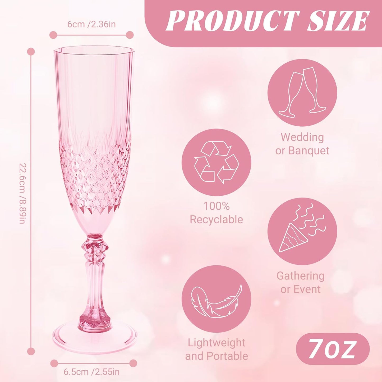 Plastic Champagne Flutes, 48PCS Pink Wine Glasses Goblets Cups Reusable Flute, for Weddings Bachelor Parties Toasting and Events (48, Pink)