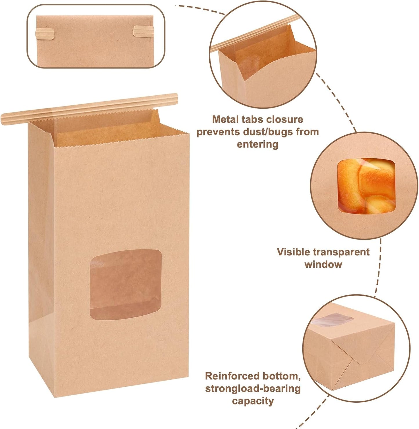 Moretoes 55pcs Small Bakery Bags with Window, 3.54x2.36x6.7in Tin Tie Tab Kraft Paper Bags for Cookie Coffee Bread Bakery Packing