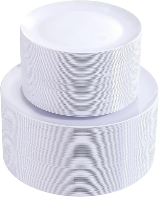 bUCLA 100PCS White Plastic Plates - Heavy Duty White Disposable for Wedding & Party, Include 50 Dinner 10 inch & 50 Dessert 7 inch