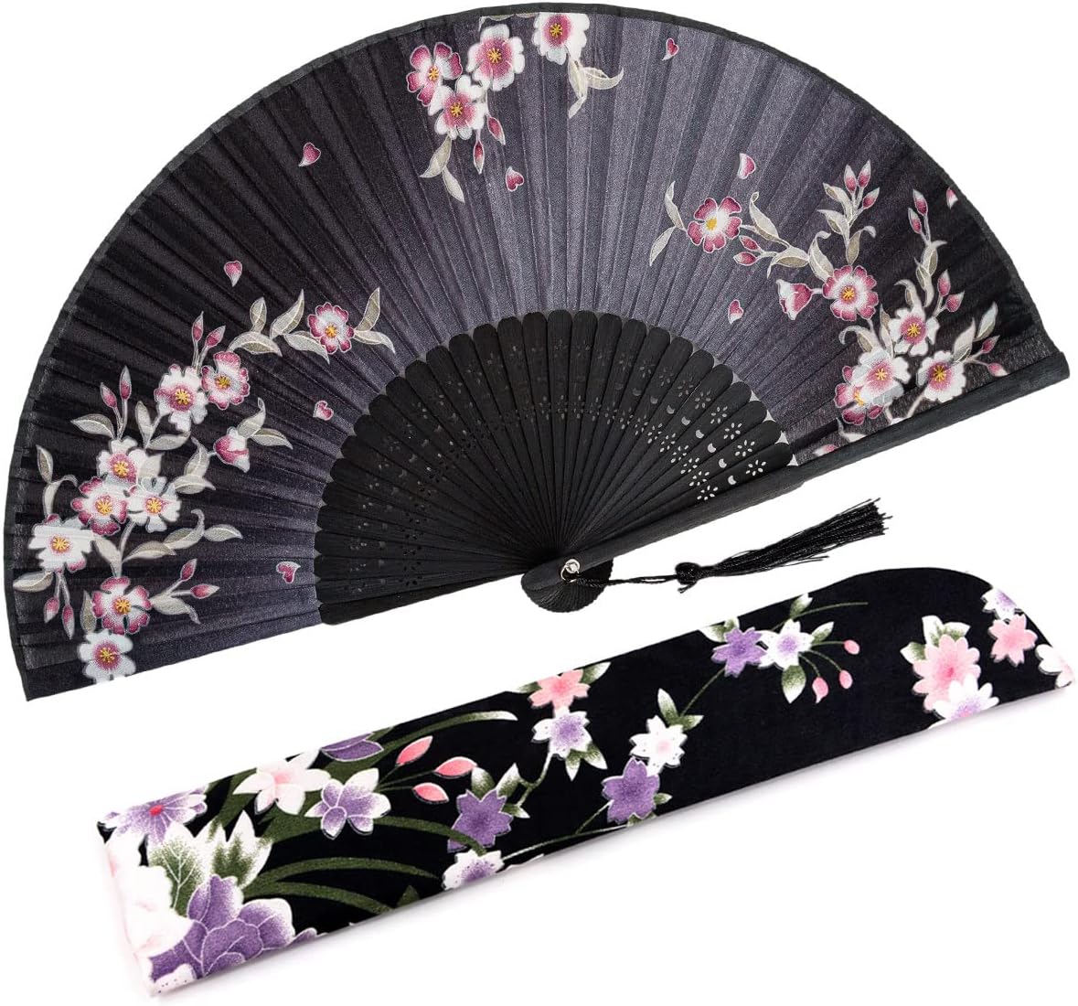 Amajiji 8.27"(21cm) Hand Held Bamboo Silk Folding Fan Hand Fan,Chinese/Japanese Charming Elegant Vintage Retro Style,Women Ladys Girls Best Gifts (Black Redbud)