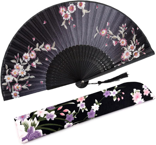 Amajiji 8.27"(21cm) Hand Held Bamboo Silk Folding Fan Hand Fan,Chinese/Japanese Charming Elegant Vintage Retro Style,Women Ladys Girls Best Gifts (Black Redbud)