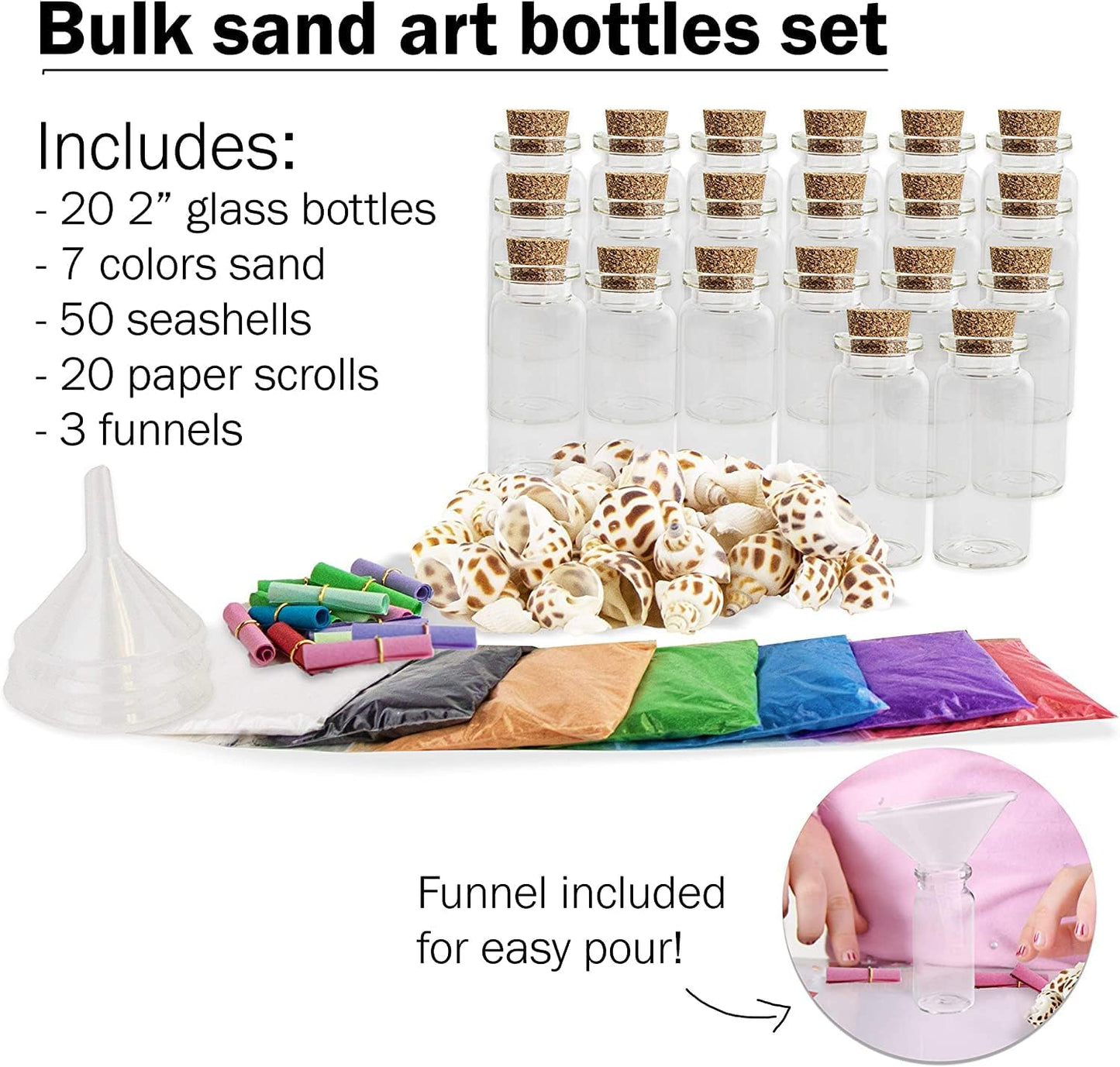 Upper Midland Products Sand Art Wishing Bottles, Bulk Sand Art She Shell Set, 20 Glass Bottles, 50 Seashells, 7 Color Sand, 20 Letter Paper, 3 funnels