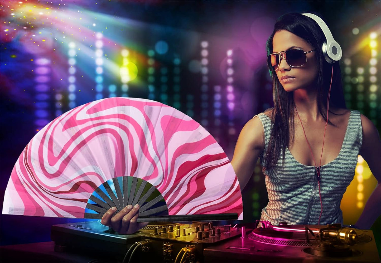 Amajiji Large Folding Hand Rave Fan Popping Fan for Line Dancing Clacking Fans for Boots On The Ground Dance,Party,Decoration,Festival (Pink Wave)